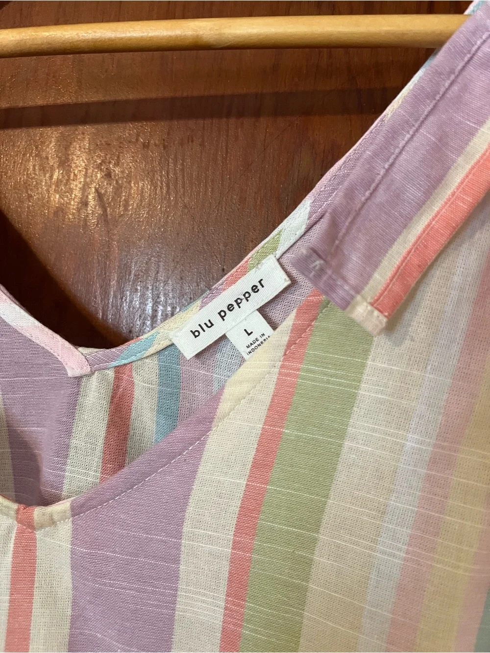 Blu Pepper Pastel Stripe Tie Shoulder Babydoll Boho Top Size Large - Picture 3 of 7
